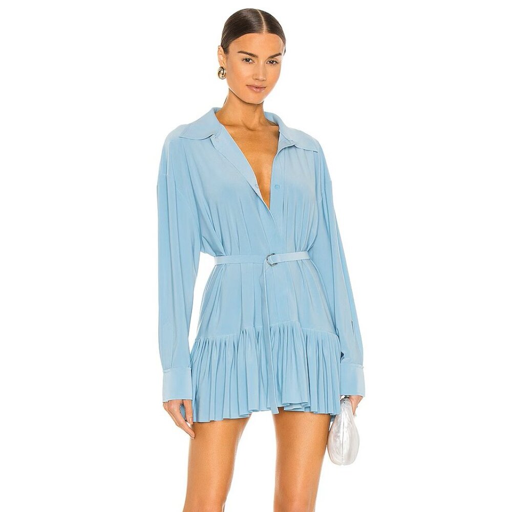 Norma Kamali Light Blue Pleated Mini Dress Medium NWT $275